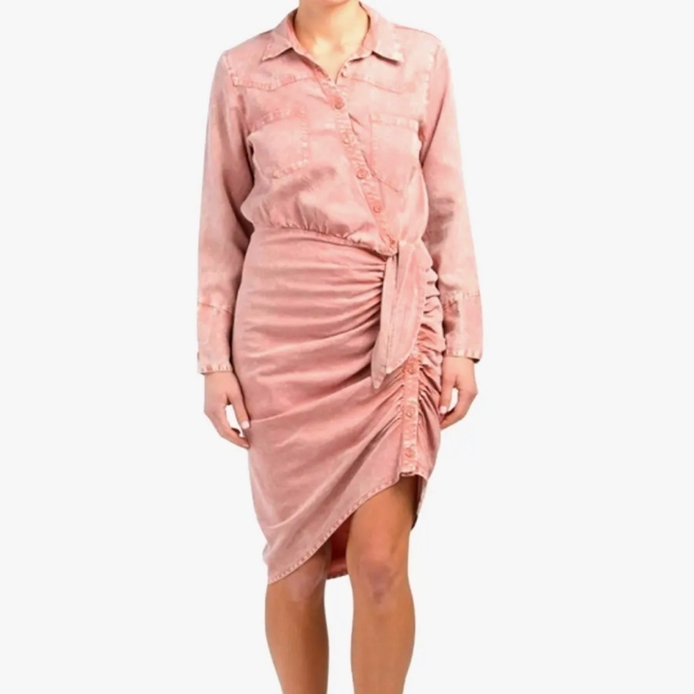 Young Fabulous And Broke Carling Ruched Button Up Acid Wash Pink Shirt Dress